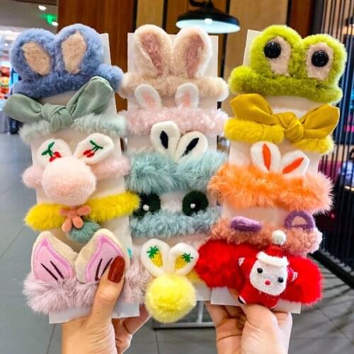 3/4/5 Pcs/Set Children Cute Soft Faux Fur Cartoon Flower Bow Hair Bands Girls Sweet Scrunchies Rubber Bands Kid Hair Accessories