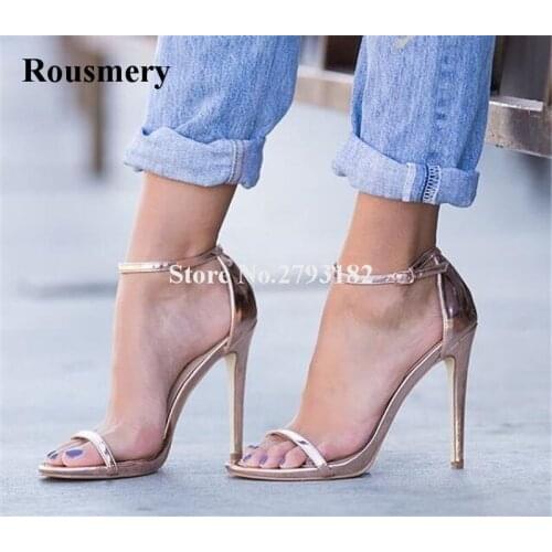 Women Simple Style One Strap Patent Leather Rose Pink Thin Heel Sandals Ankle Strap High Heel Sandals Formal Dress Shoes