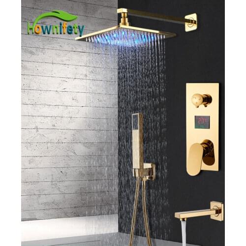 LED Gold Shower Faucet Bathroom Rainfall Shower Set Digital Display 3 Way Bath System Luxury 8/10/12/16 Inch Brass HotCold Mixer