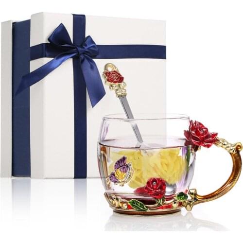 1pc 320/350ML Glass Cup Hot Gifts For Mother And Sister Women Milk Juice Tea Flower Cup Enamel Craft Glass Coffee Cup With Spoon