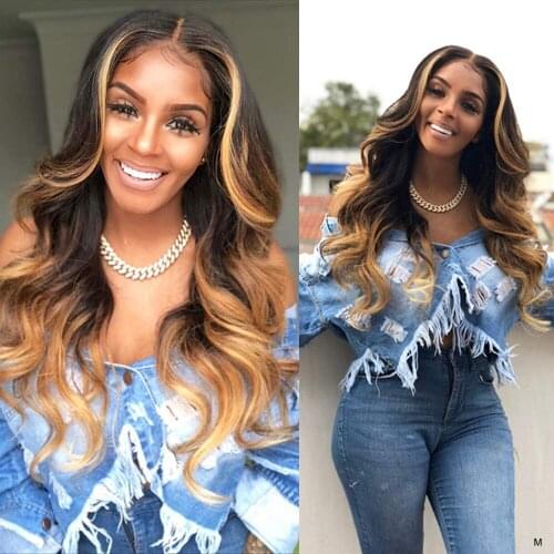 YMS Body Wave Remy Hair Wigs Highlighted Human Hair Lace Wigs Ombre Color 13x4 Lace Front Wigs Pre Plucked For Black Women