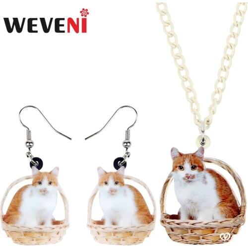 WEVENI Acrylic Elegant Basket Cat Kitten Necklace Earrings Jewelry Sets Sweet Pets Girl Teens Fashion Accessory Charm Party Gift