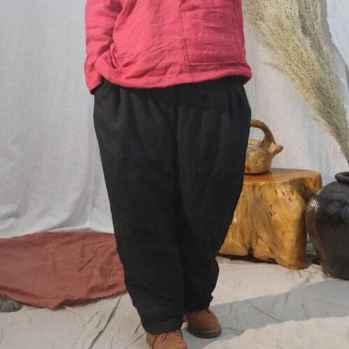 Johnature Autumn Winter Full Length Retro Elastic Waist Cotton Linen Harem Pants 2021 New Loose Comfortable Women Warm Pants