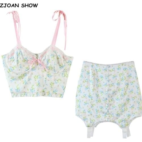 Bohemia Crop Top Elastic Hem Floral Print Bra Tank Top BOHO Sexy Women Elastic Waist Mini Short Skirt Ruched Camis 2 Pieces Set