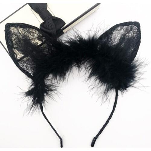 Korean Fashion Lace Feather Rabbit Ear Headband Cosplay Cat Ear Headdress Women Hair Accessories Bunny Fascinator