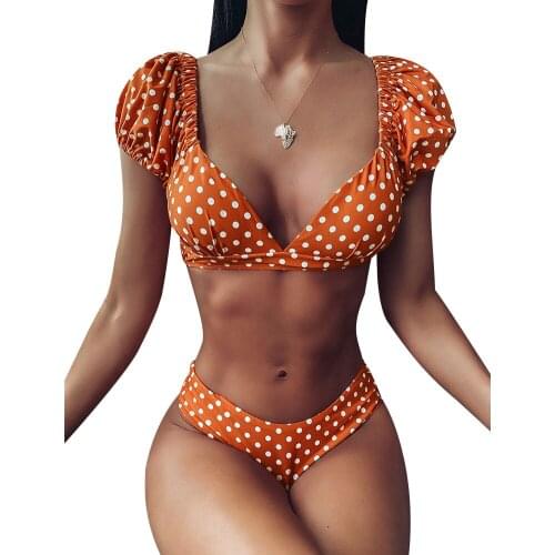 2020 Women Sexy High Waist Triangle Bikini Set Puff Sleeve Backless Bikini Polka Dot Bikini Top Two Pieces Biquini Swimming Suit