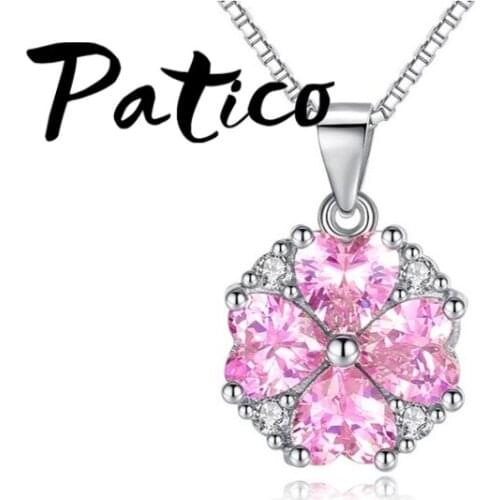 New Fashion Flower Design Pink Cubic Zirconia Necklace Pendant 925 Sterling Silver Long Necklace For Wedding Engagement