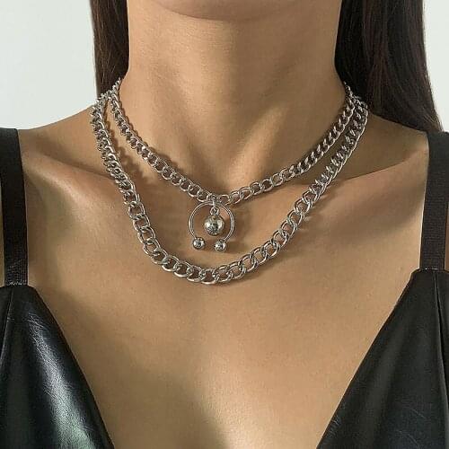 Punk Grunge Thick Chain Copper Balls Pendant Necklaces Women Double Layers Geometric Choker Necklace Colar Jewelry Party Gift
