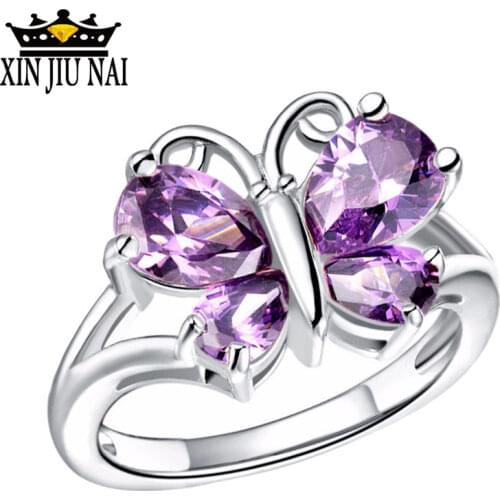 5 colors fashion rose gold butterfly purple diamond zircon ring For women Cherry blossoms, ivory white butterfly rings size 6-10