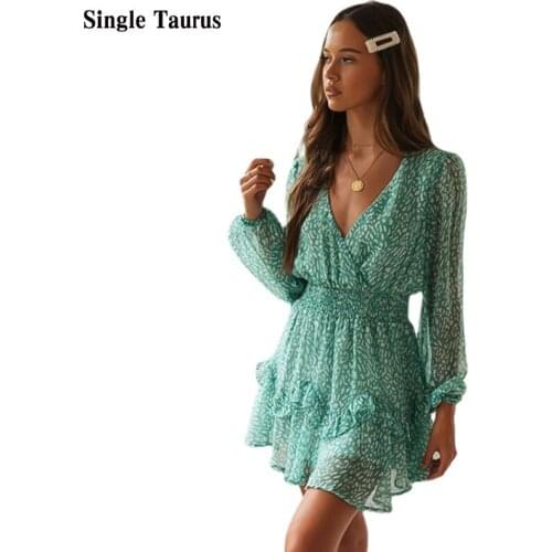 Female Chiffon Dress V Neck Long Sleeve Ruffles Casual Mini Sexy Green Color Print Dresses for Women Vestidos De Mujer