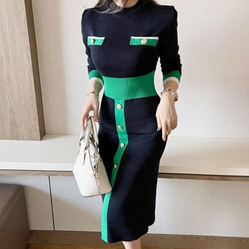 Fashion Autumn Korean O-Neck Long Sleeve Midi Party Dress Women Elegant Streetwear Single-breasted Knitted Bodycon Female Dress