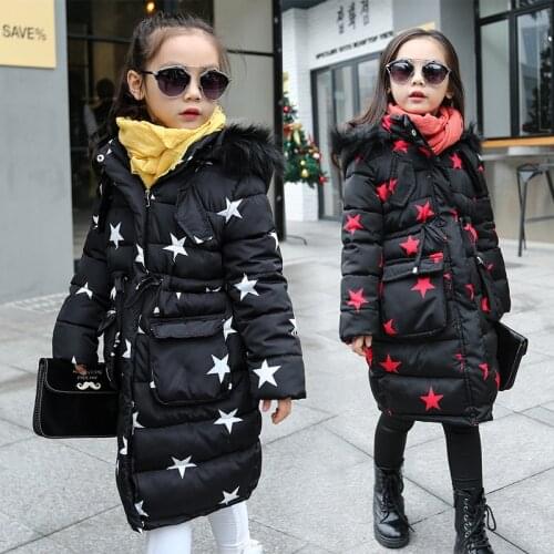 Winter Thick Children Parka Brand Hooded Five-pointed Star Long Jacket For Girls 5-14 Years Kids Outerwear Coat
