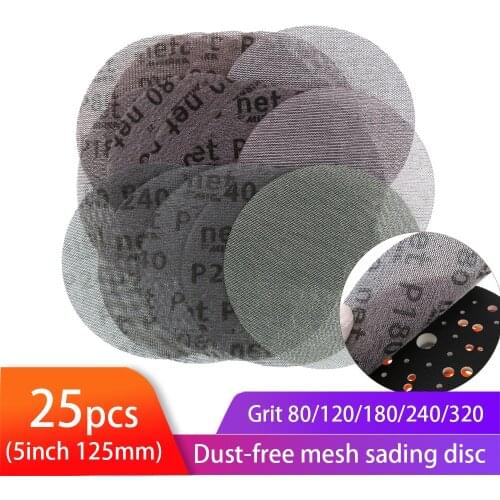 25PCS 5 Inch 125mm Mesh Dust-free Anti-blocking Hook&Loop Sanding Discs Round Abrasive Sandpaper 80-320 Grit Car Decorate Paper