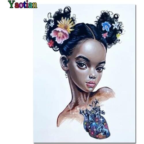 3d round Embroidery African Girl Heart Cross Stitch 5D Full Square Diamond Painting Rhinestone Art Mosaic Handicraft Home Decor