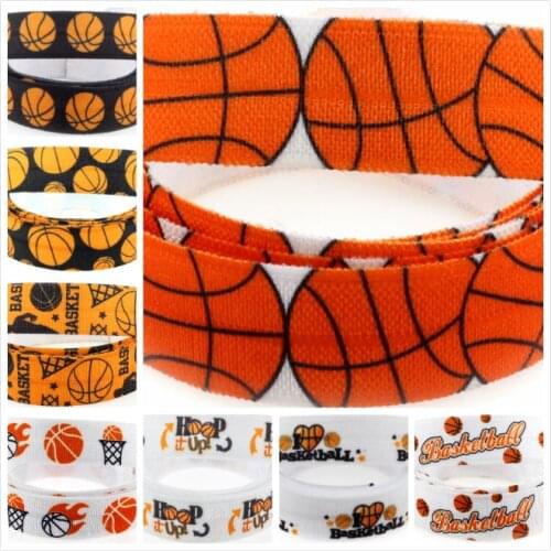 5/8"16mm Basketball Favor Series "HOOP it UP" Printed Fold Over Elastic Ribbon Sports Lover DIY Hair Band Making 50yards/roll