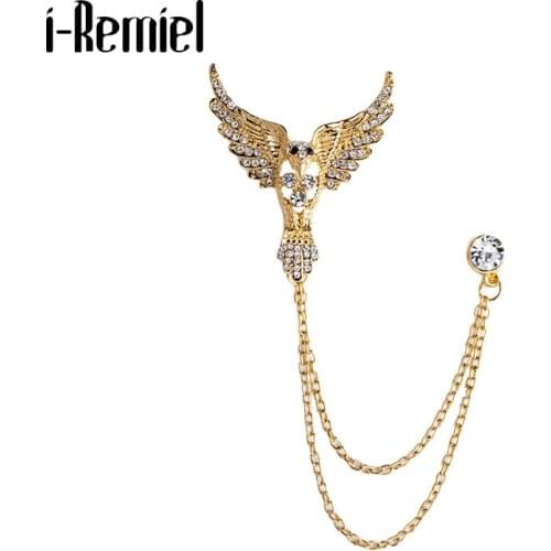 Korean New High-grade Metal Eagle Wing Brooch Crystal Tassel Chain Lapel Pin Mens Suit Shirt Collar Brooches Accessories Gifts
