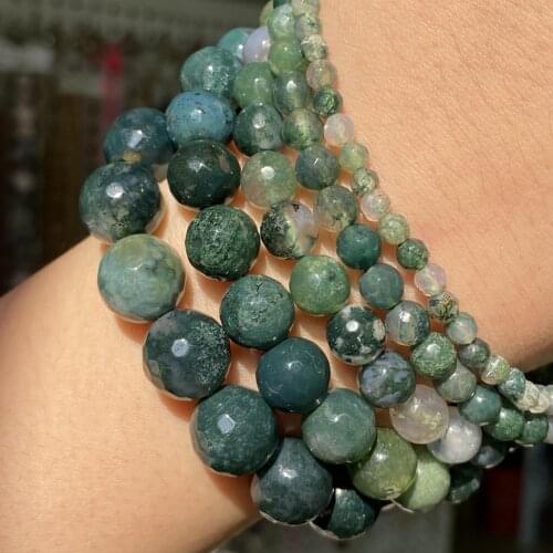 Natural Stone Moss Green Agates Faceted Round Loose Beads For Jewelry Making Diy Bracelet Necklace Accessories 4/6/8/10/12mm 15