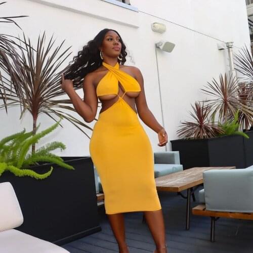 Women Midi Dress Solid Sleeveless Halter Bandage Backless Stretchy Bodycon Sexy Dress