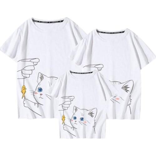 Summer Family Look Family Matching Outfits T-shirt Clothes Mother Father Son Daughter Kids Baby Short Sleeve Cartoon Cat T-shirt