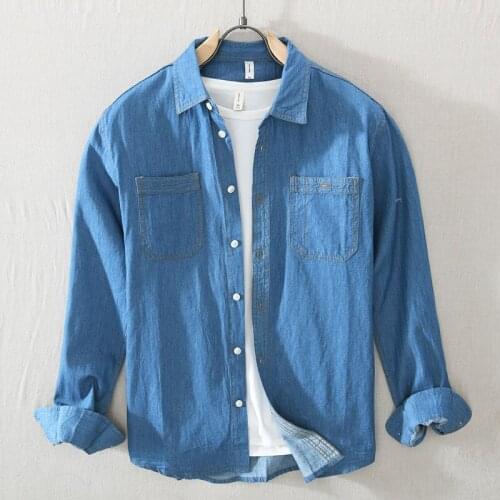 2021 Four Seasons New Mens Retro Cotton Denim Long-sleeved Shirt Trendy All-match Business Casual Cowboy Jacket Male Brand Tops