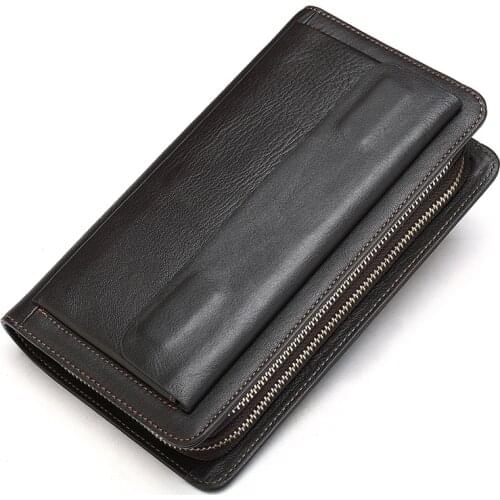 Cowhide Men Clutch Wallets Genuine Leather Long Purses Business Large Capacity Wallet Double Zipper Phone Bag For Male