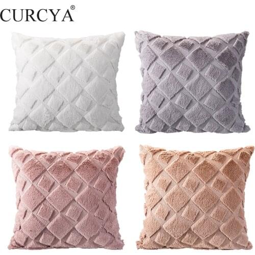 CURCYA Soft Polyester Rabbit Hair Pillow Covers Comfortable Diamand Pattern Plush Decorative Sofa Chair Car Cushion Cases