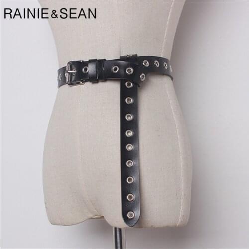 RAINIE SEAN Punk Waist Belts Women Rivet Pin Buckle Real Leather Cowskin Ladies Belt for Dress Lengthen Strap 110cm