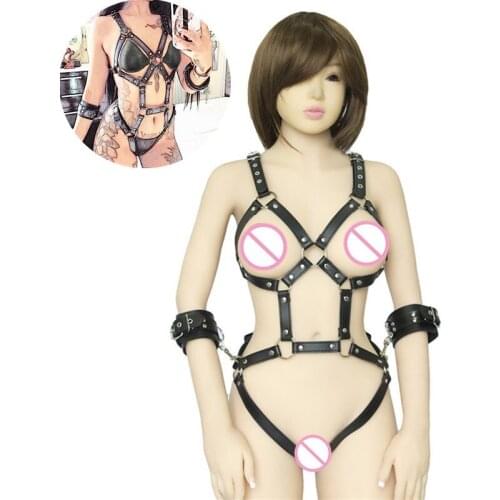 BDSM Gear Leather Body Bondage Clothing with Handcuffs Fetish Slave Waist Wrist Restraints Cuffs Erotic Sex Toys for Women