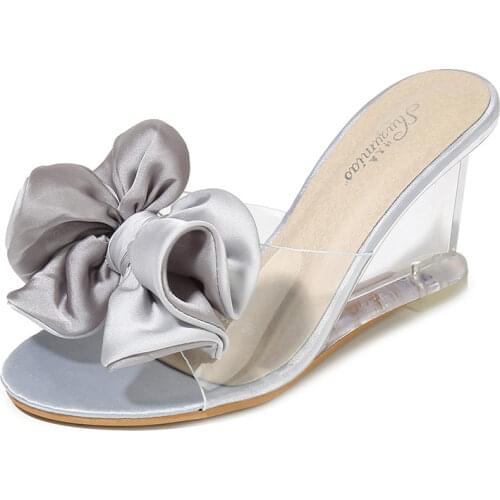 YEELOCA Womens High Heels Summer Wild Womens Sandals Simple Bow-knot Wedge Transparent Slippers Luxury Shoes Women Designers