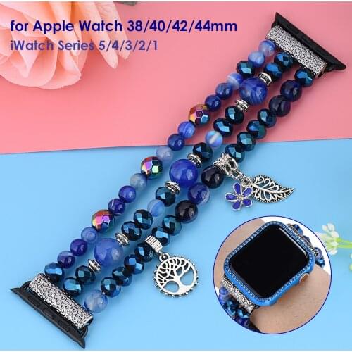 Blue Luxury Woman Bands for Apple Watch Bracelet 42mm 44mm iWatch 5 4 3 2 1 Bling Wristband Beads Diamond Case Cover 38mm 40mm