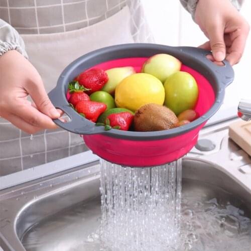 Foldable vegetable washing basket with handle silicone drain basket fruit and vegetable washing filter kitchen tools