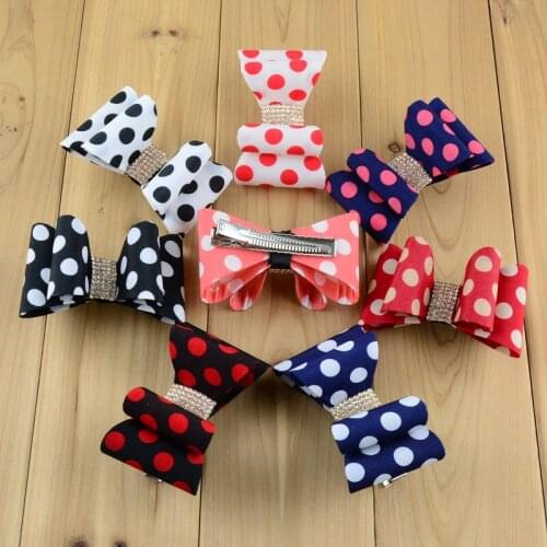 Women girl fashion 3D hairpin Hair accessories Solid Dot bowknot with clip Super Hard PVC Satin Bows With Rhinestone Button FC42