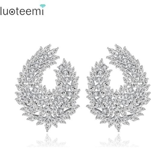 LUOTEEMI Big Leaf Stud Earrings for Women Wedding Party Shiny CZ Spiry Luxury Pendientes Fashion Female Jewelry Christmas Gift