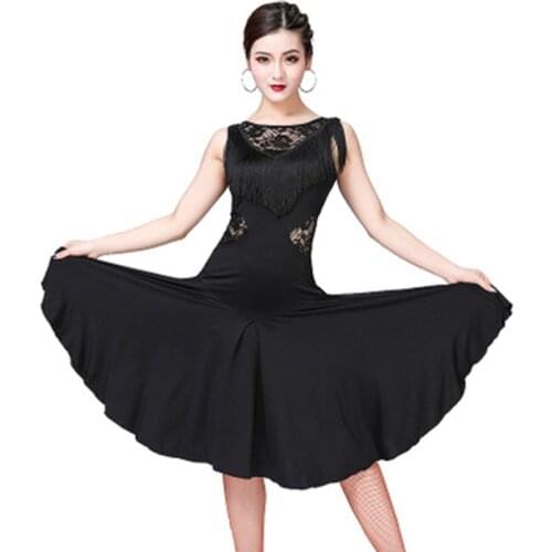 Fashion New Adult Womens Slim Tasseled Lace Latin Salsa Dancing Dress Sleeveless Costumes Size M-XL Black Red Blue Pink Purple