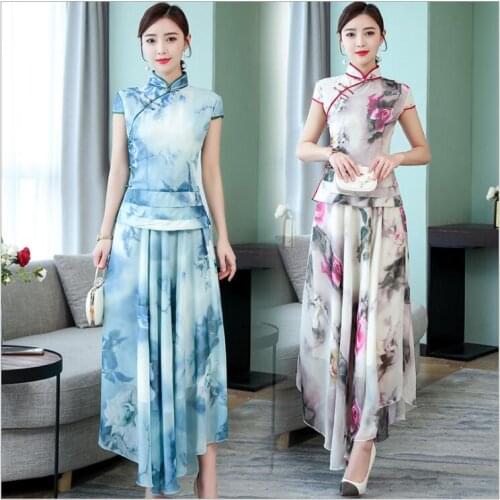 Women Floral Print Vintage Cheongsam Top + Skirt Sweet Lady Short Sleeve Casual Chiffon Wear Chinese Style Stand Collar Clothing