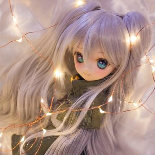 1/3 Doll Wig Cute Cartoon Anime Style Silver Grey Pink Long Curls Double Ponytail Hair Dolls Wig for 22-23 CM Head Circumference