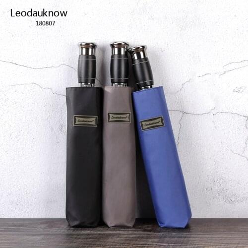 2020 Leodauknow Self Opening and Self Closing Leather Handle Automatic Three Folding Super Double Mens Business Large Size Wind
