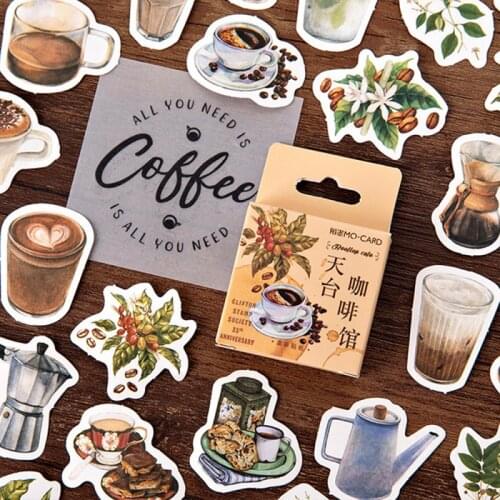 46PCS/box Cafe Theme Self-Adhesive Paper Hand Account Material DIY Decoration Sealing Stickers Decoration