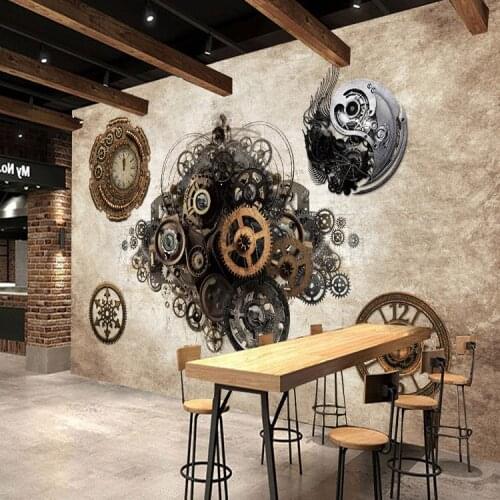 Bacal Photo wallpaper Retro industrial metal gear 3D Wallpaper mural Bar Cafe background wall clock bedroom clothing store