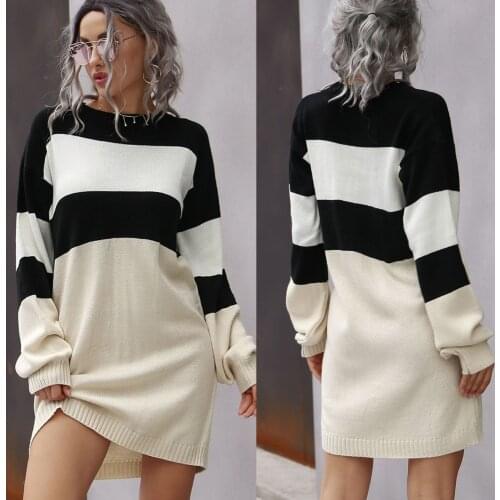 Black White Striped Sweater Dress Women Long Sleeve Knitted Sweater Dress O Neck Dresses For Women