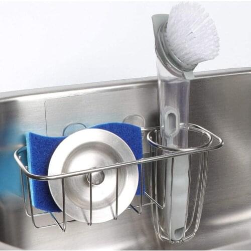 Stainless Steel Kitchen Sponge Holder 3-in-1 Dish Brush Holder No Drilling Adhesive Installation Kitchen Sink Organizer