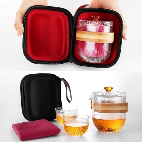 Travel tea set, portable bag, stoneware Kungfu tea art, one pot, three cups, Japanese style fast guest cup, glass custom logo
