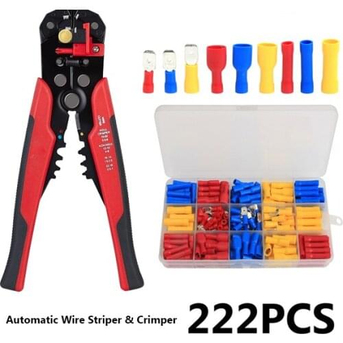 222PCS Mix Spade Male Female Wire Crimp Terminals Electrical Wire Connector Crimp Plier Tool Set Kits AWG22-10/0.5-6.0mm2