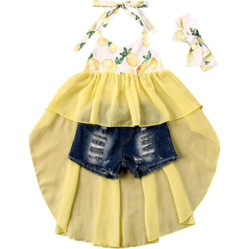 Summer Baby Girl Lemon Clothes Toddler Kid Sleeveless Dress Top +Ripped Shorts Outfits Sets 1-6 Years