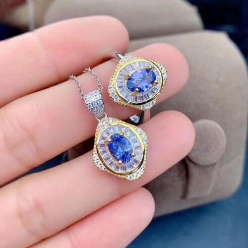 Best Gift Real and Natural Tanzanite jewelry set 925 sterling silver 1pc Tanzanite pendant,1pc Tanzanite ring