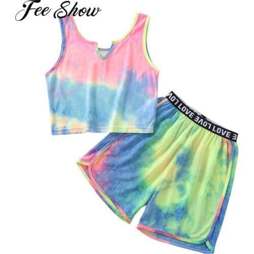 Cute Kids Summer Tie Dye Clothes Girls Sport Set Training Tracksuit Sleeveless Crop Top with Shorts Fitness Outfit Outdoor Wear
