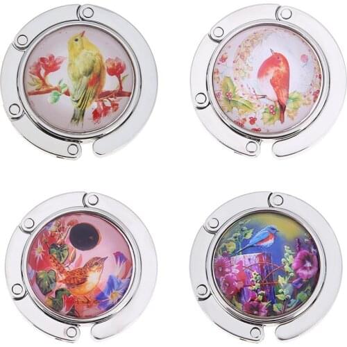 Fashion Foldable Desk Bag Hook Portable Handbag Hook Crystal Diamond Metal Bird Shell Unique Table Purse Bag Hanging Holder