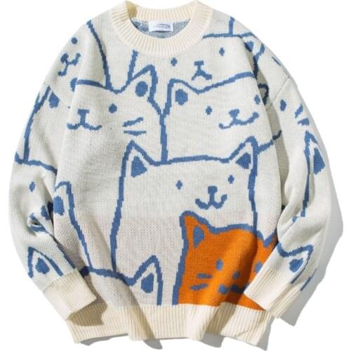 Fashion Halloween Sweater Men Women Funny Cat Round Neck Pullover Mens Autumn Winter Oversized Couple Knit Sweater Casual Jacket