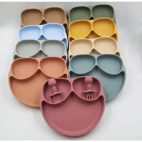 Infant Baby Dinner Plate Division Silicone Sucker Anti-fall Baby Feeding Short Handle Fork Spoon Dinnerware Set Service Tray