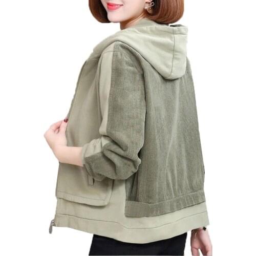 NEW Womens Corduroy Coat Jacket Ladies 2020 Autumn Hooded Short Jacket Large Size Splicing Corduroy Casual Outwear Tops 4XL W14